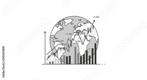 Global stock market analysis with earth globe, candlestick charts and financial growth bars.