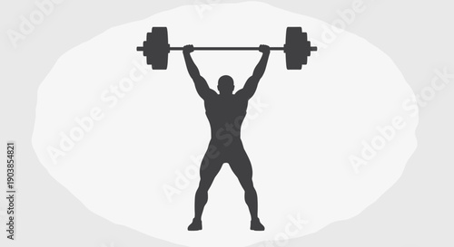 Dark silhouette of a muscular weightlifter lifting a heavy barbell overhead, a powerful athletic pose for a clean and jerk exercise on a simple grey background