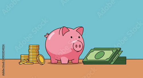 Pink piggy bank cartoon illustration sits between stacks of gold coins and paper money, representing savings, investment, and personal finance on a simple blue background