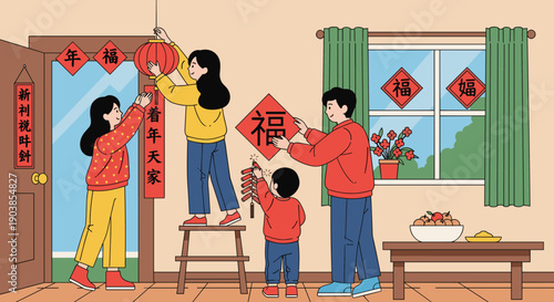 Happy Asian family with two children decorating their home together for the Lunar New Year celebration with red lanterns, couplets, and firecrackers in a warm illustration style
