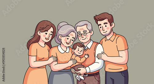 Happy multi-generational family with grandparents holding a baby stands together with their adult children in a warm, loving cartoon illustration on a neutral background