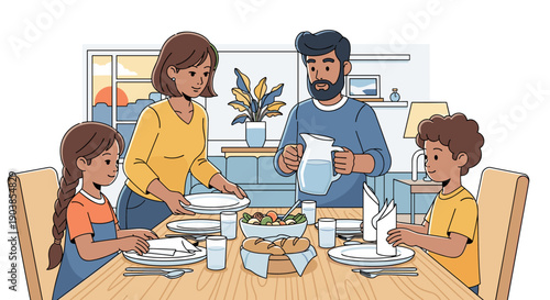 Happy family of four with two children sitting together at a dining table for a healthy meal, setting plates and pouring water in a cozy home interior, flat line art illustration