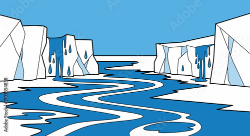 Graphic vector illustration of melting icebergs and glaciers with waterfalls creating a winding river, representing climate change and global warming