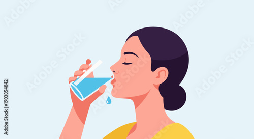 Young woman with dark hair drinking a glass of pure fresh water to stay hydrated, a concept of healthy lifestyle and wellness in a flat vector illustration style