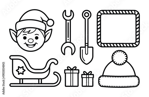 Vector illustration featuring an elf, sleigh, tools, gifts, and winter accessories