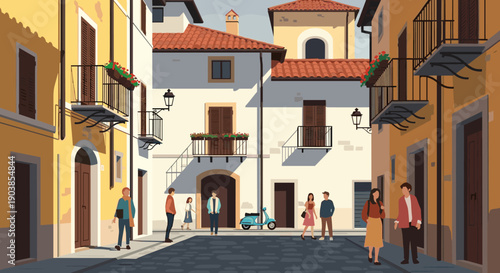 Charming European old town street illustration with people walking on a cobblestone road between colorful buildings with balconies, shutters, and a parked blue scooter