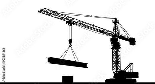 Construction tower crane silhouette lifting steel beam, industrial building site concept.