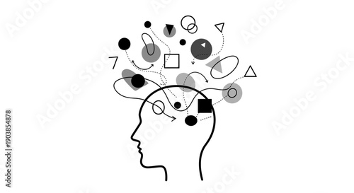 Human head profile with abstract geometric shapes, brainstorming and mental health concept.