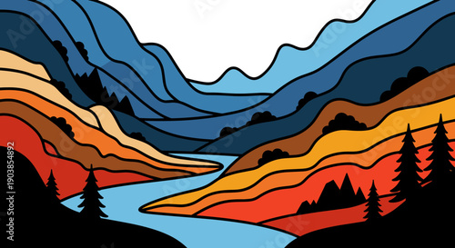 Stylized mountain valley landscape illustration with a river flowing between colorful hills and pine tree silhouettes in a minimalist graphic style isolated on a white background