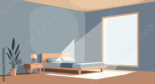 Minimalist bedroom interior with a wooden bed and nightstand bathed in morning sunlight from a large window, creating a calm and peaceful atmosphere with a flat vector design