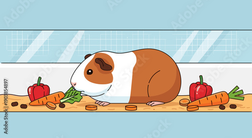 Cute brown and white guinea pig eats a fresh green leaf inside its clean cage, surrounded by healthy vegetables like carrots and red bell peppers, in a charming illustration