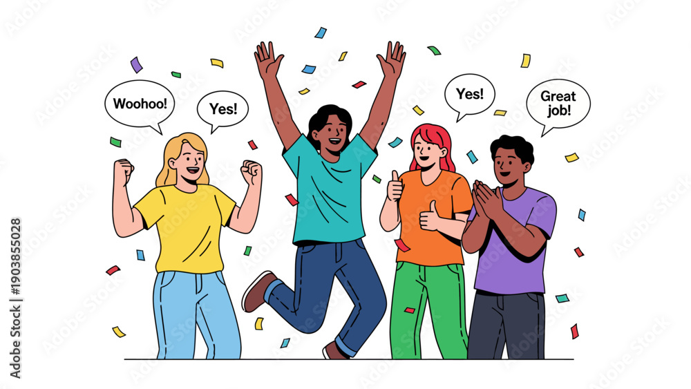 Fototapeta premium Group of diverse people celebrating success and jumping for joy with confetti.