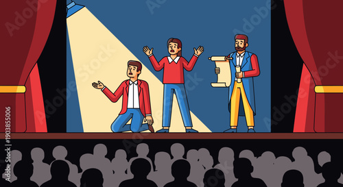 Three cartoon actors performing a dramatic play on a theater stage under a bright spotlight in front of a silhouetted audience, a vector illustration
