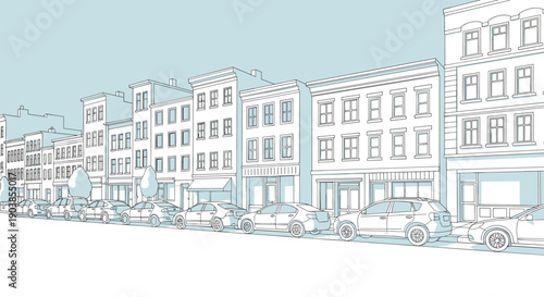 Row of urban buildings and parked cars line a quiet city street in a clean, minimalist line art illustration with a pale blue sky and ample copy space