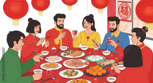 Large happy family and friends group celebrating a festive reunion dinner with traditional food under red lanterns in a cheerful flat illustration style