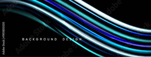 Abstract flowing lines, vibrant blues, silvers create dynamic background. Modern design, sleek curves suggest movement, energy.