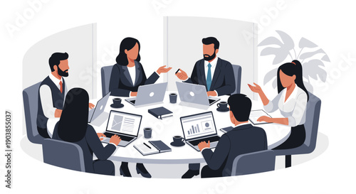 Diverse team of business professionals collaborating around a conference table with laptops during a corporate meeting, discussing strategy and analyzing data in a flat vector style
