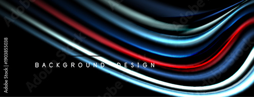 Abstract flowing lines create dynamic background. Red, blue, silver hues blend seamlessly. Modern design element.