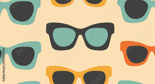 Colorful retro sunglasses in a seamless pattern with various frame shapes and muted tones, creating a stylish vintage-inspired background illustration with a fun, summer vibe