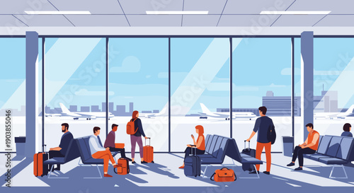Diverse group of passengers with luggage waiting in a modern airport terminal departure lounge with large windows overlooking airplanes on the tarmac