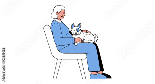 Elderly senior woman with white hair sitting on a chair and petting her small cute dog, a minimalist vector illustration isolated on a white background