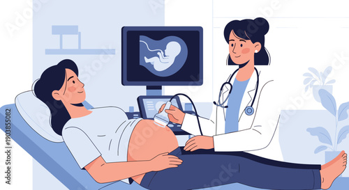 Friendly female doctor performing an ultrasound scan on a happy pregnant woman lying on an examination table in a hospital, with the fetus visible on the screen