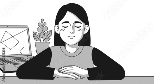 Young woman practicing mindfulness and relaxation at her workspace with laptop.