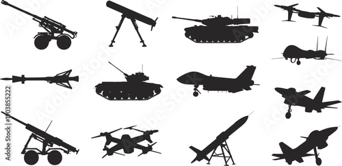 Large Set of Black Military Silhouettes Featuring Tanks Fighter Jets Drones Missiles Artillery and Defense Equipment Isolated on White Background for War and Security Designs