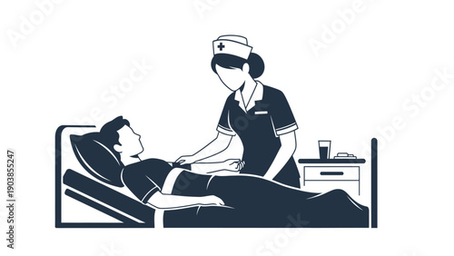 Nurse taking care of patient in hospital bed, minimalist vector illustration.