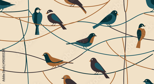 Seamless pattern of stylized minimalist birds perched on thin curving lines in a retro mid-century modern style with a muted color palette of teal, brown, and black on a beige background