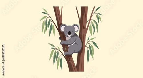Cute grey cartoon koala bear sleeping peacefully while clinging to a brown eucalyptus tree branch with green leaves, in a flat vector illustration style on a beige background