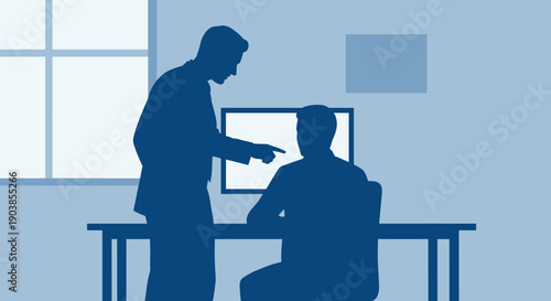 Silhouette of a boss pointing at an employee sitting at a desk with a computer, illustrating workplace conflict, pressure, blame, and corporate hierarchy