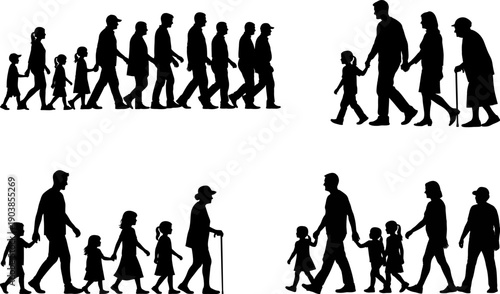 Silhouettes of people walking in various family and age groups