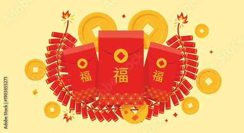 Festive red envelopes, firecrackers, and gold coins for Lunar New Year celebration in a flat vector illustration style, representing luck and prosperity on a yellow background
