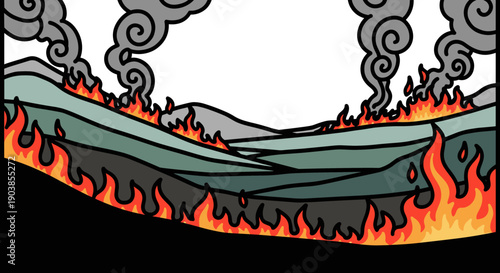 Stylized cartoon illustration of a wildfire burning across rolling hills, with large orange flames and thick grey smoke plumes rising into a white sky