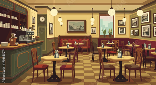 Empty vintage coffee shop interior with wooden tables, red booths, and a coffee bar in a cozy, warm illustration style, showing a peaceful and classic restaurant setting