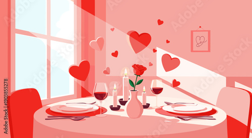 Romantic dinner table set for two with wine glasses, candles, and a red rose in a vase, decorated with floating hearts for a Valentine's Day celebration