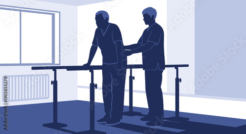Blue silhouette illustration of a physical therapist assisting a patient with gait training and mobility exercises using parallel bars in a rehabilitation center