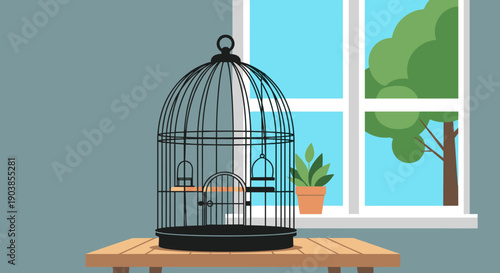 Classic empty black birdcage with perches and feeders stands on a wooden table by a window with a view of a green tree and a small potted plant on the sill