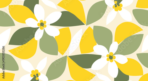 Minimalist floral seamless pattern with abstract white blossoms, yellow fruit shapes, and green leaves in a modern, flat graphic style suitable for textile or wallpaper