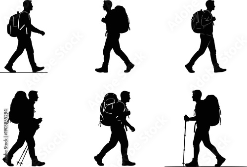 Silhouettes of people walking in various family and age groups