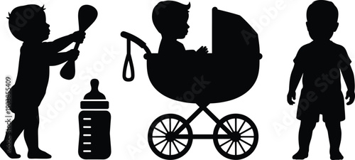 WebSet of Black Baby Silhouettes Featuring Toddler Holding Rattle Infant in Classic Stroller and Newborn Essentials Isolated on White Background for Parenting and Maternity Designs