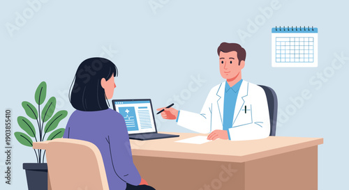 Male physician in a lab coat discusses a diagnosis with a female patient, pointing to her electronic health record on a laptop in a medical office