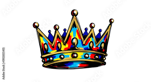 Colorful graffiti style royal crown illustration with a gold outline and bold brush strokes, hand-drawn in a pop art design and isolated on a white background