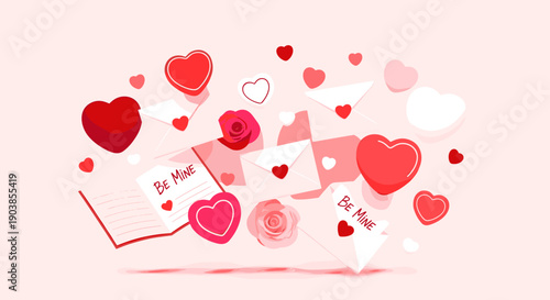 Romantic composition of floating love letters, red hearts, pink roses, and 'Be Mine' notes in a flat design style, creating a lovely and celebratory holiday greeting on a pink background
