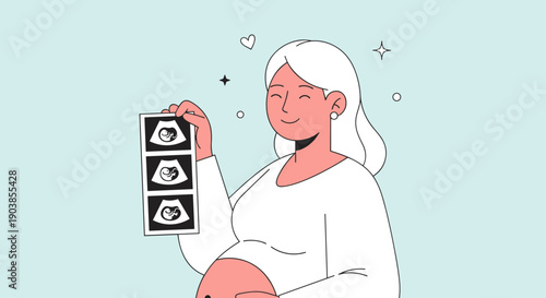 Joyful pregnant woman holding an ultrasound scan of her baby, a minimalist flat vector illustration showing the happiness and anticipation of motherhood on a simple blue background