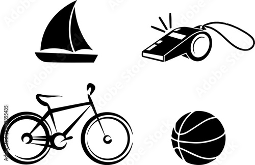 Four icons representing various recreational activities and objects