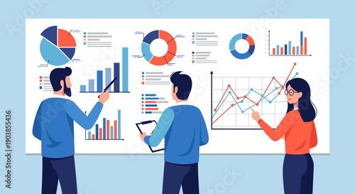 Team of three business colleagues analyzing financial charts and graphs on a large whiteboard during a corporate meeting, collaborating on a new business strategy