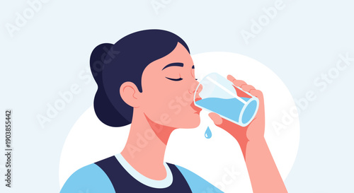 Young woman with dark hair drinking a glass of fresh water with her eyes closed, a minimalist flat vector illustration representing hydration and a healthy lifestyle