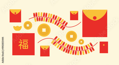 Traditional lunar new year celebration symbols including red envelopes, firecrackers, gold coins, and ingots arranged in a festive flat lay vector illustration on a cream background